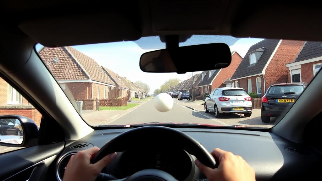 Bal rolt tussen geparkeerde auto's de straat op in een woonwijk