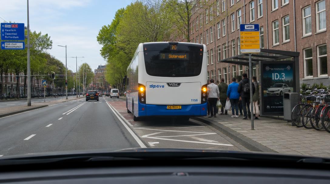 Stilstaande lijnbus bij een bushalte met wachtende mensen