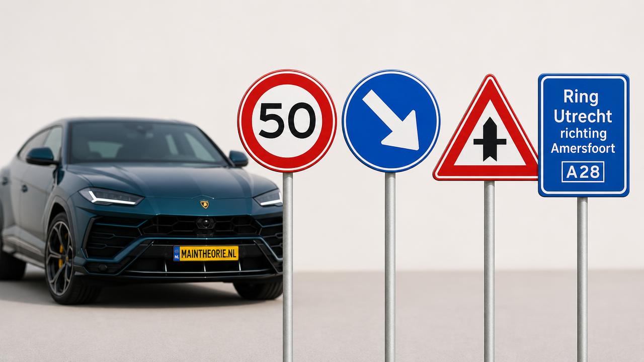 Vier duidelijk leesbare Nederlandse verkeersborden: 50 km/u, gebodsbord, waarschuwingsbord kruispunt en een blauw informatiebord