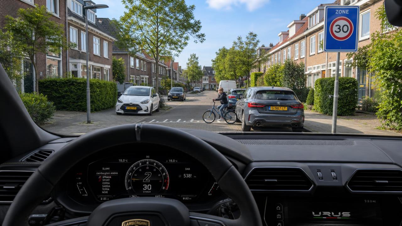 Zicht vanachter het stuur op een 30 km/u-zone waar een kind op de fiets tussen geparkeerde auto's oversteekt