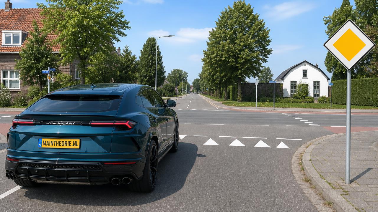 Urus met kenteken MAINTHEORIE.NL bij een kruispunt met haaientanden en een voorrangsbord