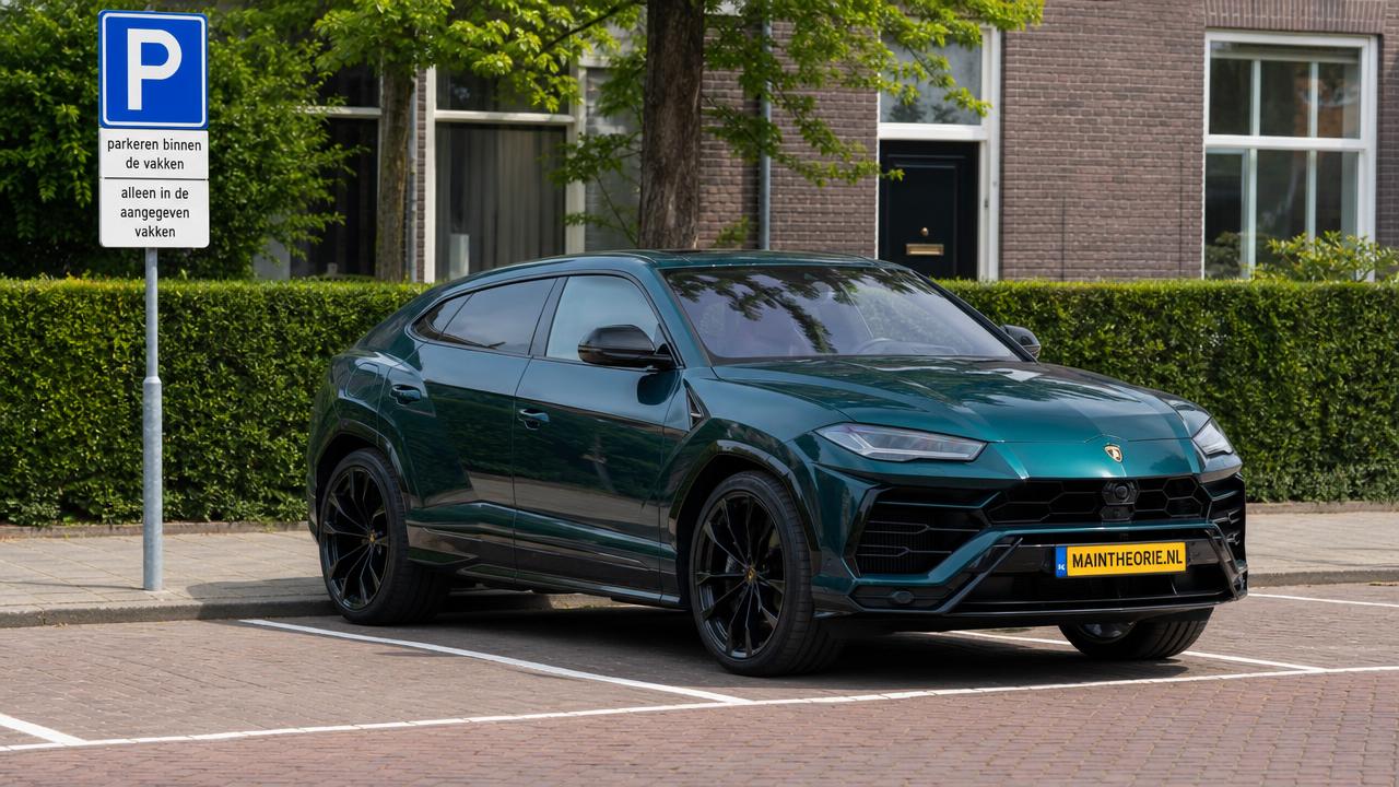 Urus geparkeerd binnen de vakken bij een blauw P-bord met onderbord