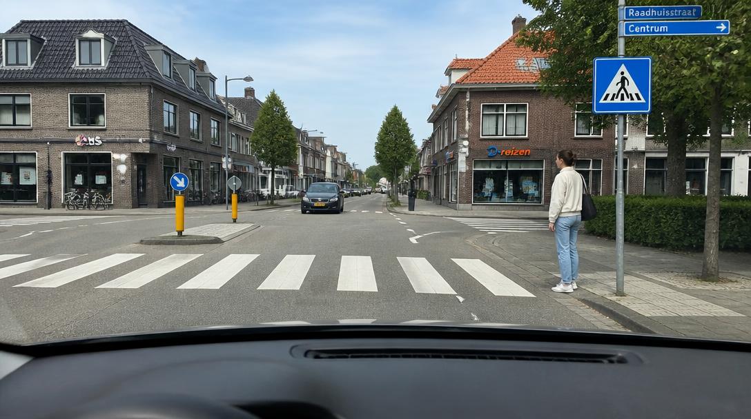 Voetganger wacht bij een zebrapad op een kruispunt